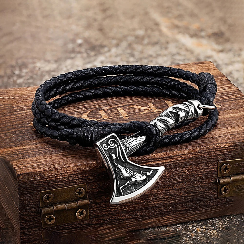 Nordic Viking Warrior Axe Stainless Steel Bracelet for Men, Handmade Double Strand Braided Leather Retro Wrist Accessory