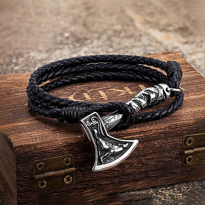 Nordic Viking Warrior Axe Stainless Steel Bracelet for Men, Handmade Double Strand Braided Leather Retro Wrist Accessory