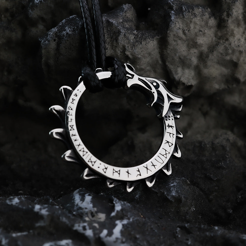 Vintage Stainless Steel Men's Viking Rune Dragon Pendant Necklace