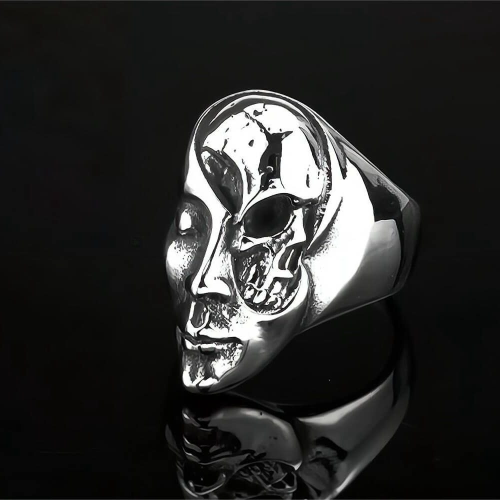 Vintage Solid Stainless Steel 3D Embossed Half Skull Face Punk Band Ring for Men