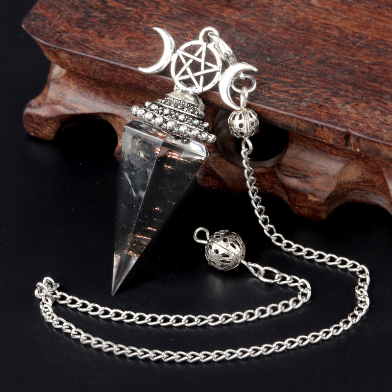 Three-phase moon seven-colored crushed stone resin crystal hexagonal pyramid spirit pendulum