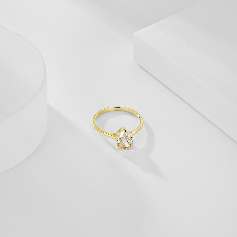 Women's Pear Shape Ice Flower Cut Zirconia Paved Simple Ring, S925 with Gold Plating