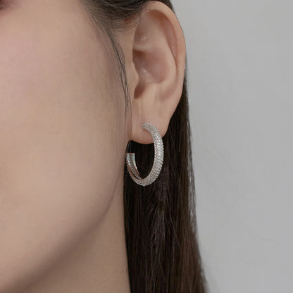 Women's Delicate 15 mm Round Huggie Earrings, Full Paved Round Zirconia, S925 with White Gold Plating