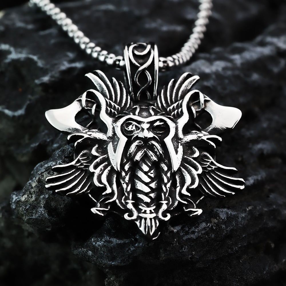 Men's Steel Viking Odin Winged Pendant Necklace
