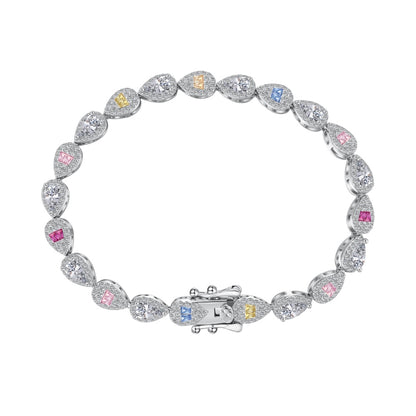 Women's S925 White Gold Plating Delicate Bracelet, Multicolor Baguette, Round & Pear Shape Zirconia Row Inlay