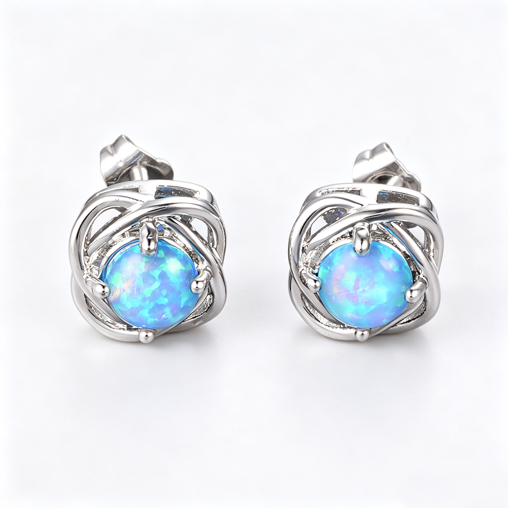 Women's Interwoven Hollow Round Stud Earrings, Blue Opal / White Opal, White Gold Plating