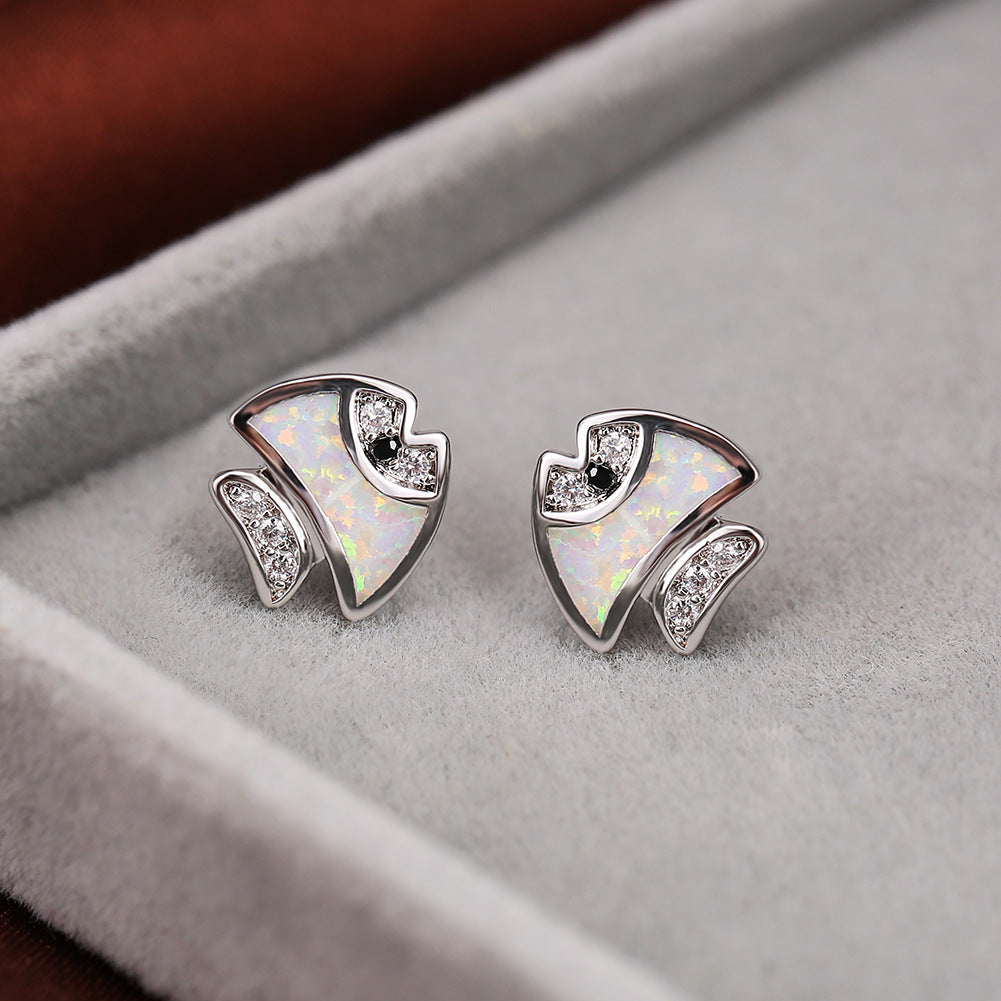 Women's Tropical‑Fish Shape Stud Earrings, Inlaid Zirconia, Blue Opal / White Opal