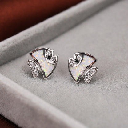 Women's Tropical‑Fish Shape Stud Earrings, Inlaid Zirconia, Blue Opal / White Opal
