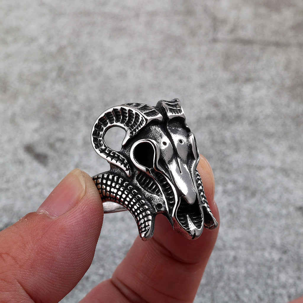 Vintage Solid Stainless Steel Punk Goat Skull Ring for Men