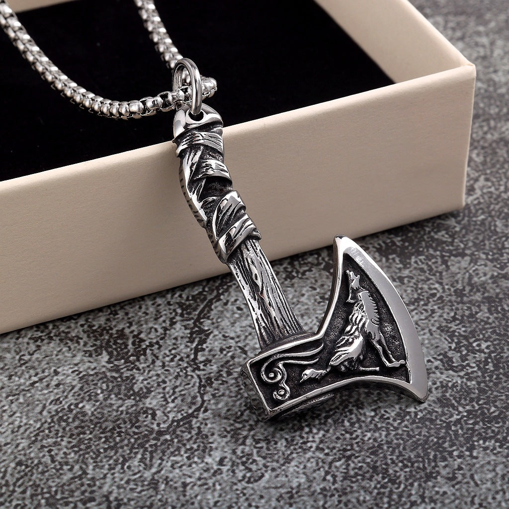 Men's Steel Viking Wolf Axe Pendant Necklace