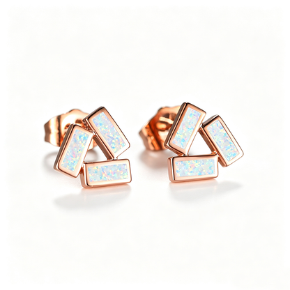 Women's Three Rectangle Blue Opal / White Opal Geometric Stud Earrings, Rose Gold / White Gold Plating