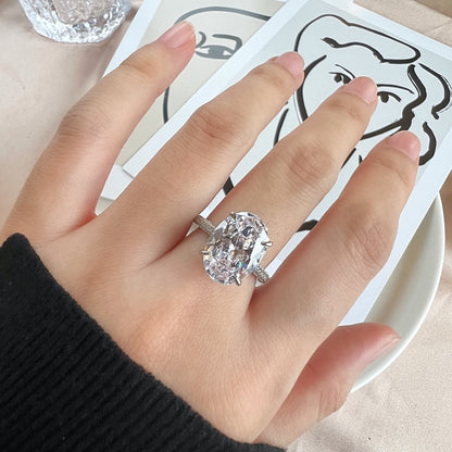 Women's Prong Set Oval Solitaire Zirconia Ring, S925 with White Gold Plating, Pave Band