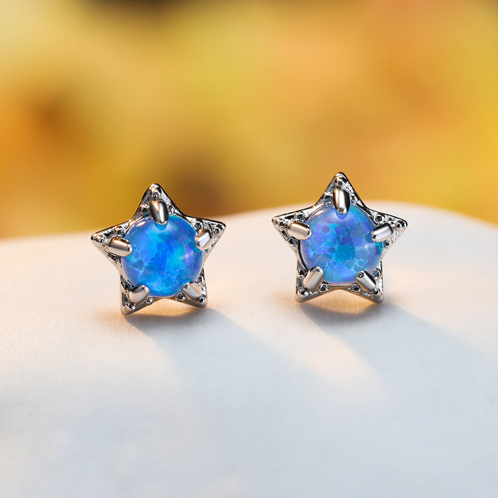Women's Star‑Shape Prong Set Stud Earrings, Blue Opal / White Opal Inlay, White Gold Plating