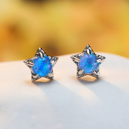 Women's Star‑Shape Prong Set Stud Earrings, Blue Opal / White Opal Inlay, White Gold Plating