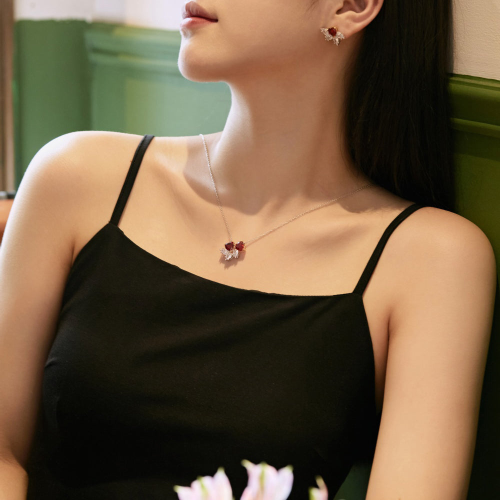 Women's Luxury Pendant Necklace, Pear Shape Colorless Zirconia & Heart Shape Red Zirconia Spliced Inlay, S925 with White Gold Plating