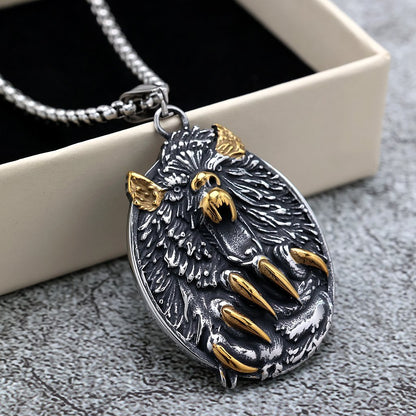 Men's Steel Bear Head & Claw Round Pendant Necklace