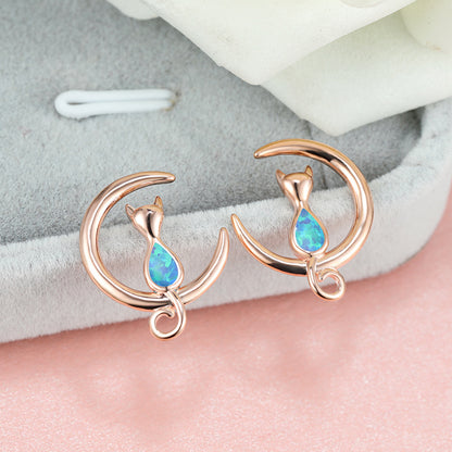 Women's Cat‑On‑Crescent‑Moon Stud Earrings With Teardrop Opal, with White Gold / Rose Gold Plating