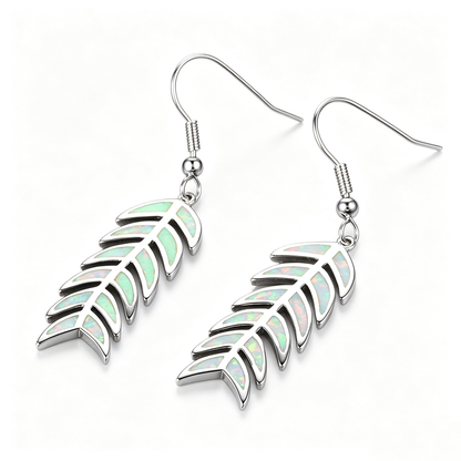 Women's Leaf‑Shape Hook Dangle Earrings, White Opal / Blue Opal Inlay, with White Gold Plating