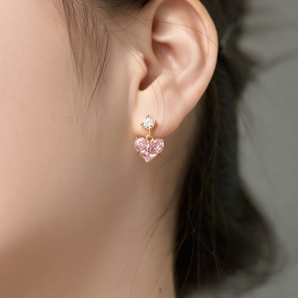 Women's Dangle Earrings, Pink Heart‑Shape Zirconia with Round Zirconia Accent, S925 with 18K Gold Plating