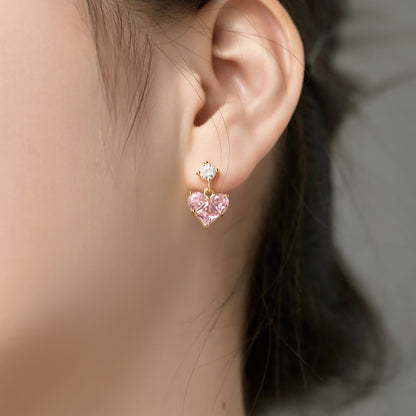 Women's Dangle Earrings, Pink Heart‑Shape Zirconia with Round Zirconia Accent, S925 with 18K Gold Plating