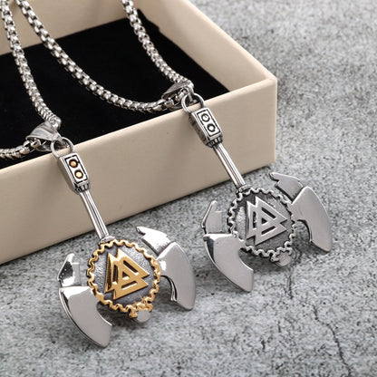 Men's Steel Viking Axe Helm of Awe Pendant Necklace