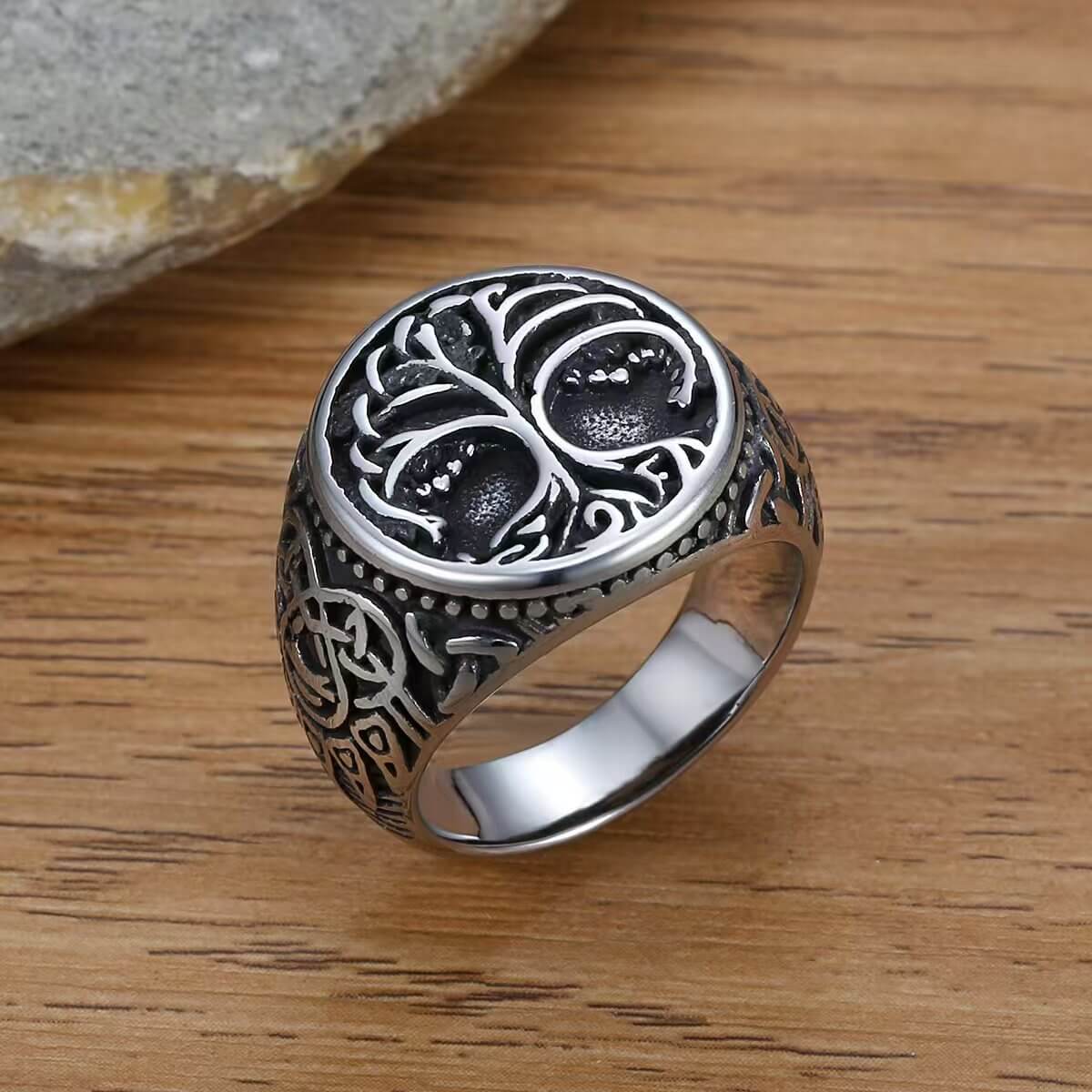 Vintage Nordic Stainless Steel Viking Tree of Life Celtic Knot Round Ring for Men