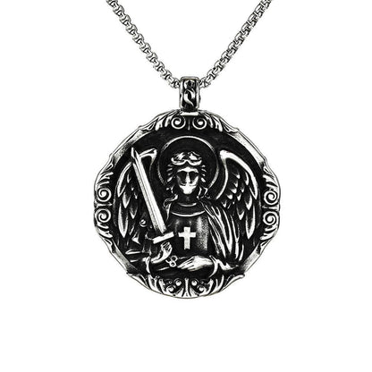 Men's Steel Vintage Archangel St Michael Double Sided Round Pendant Necklace