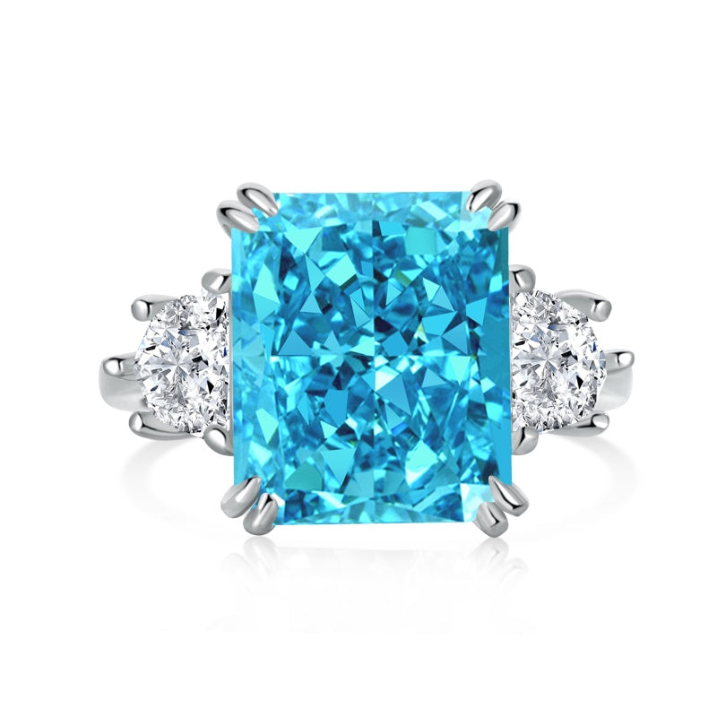 Women's White Gold Tone Ring Inlaid with Blue Rectangular & Polygon Zircon Stones