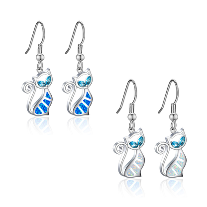 Women's Hollow Cute Cat Blue Eyes Blue Opal / White Opal Earrings, White Gold Plated