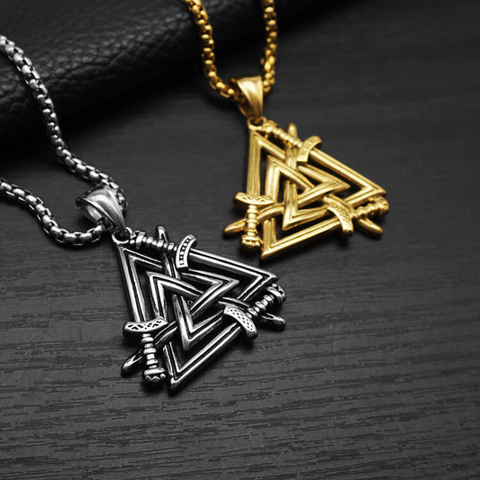 Men's Steel Viking Valknut Sword Pendant Necklace