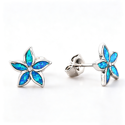 Women's Five‑Petal Flower Stud Earrings Inlaid With White & Blue Opal, with Gold Plating / with White Gold Plating
