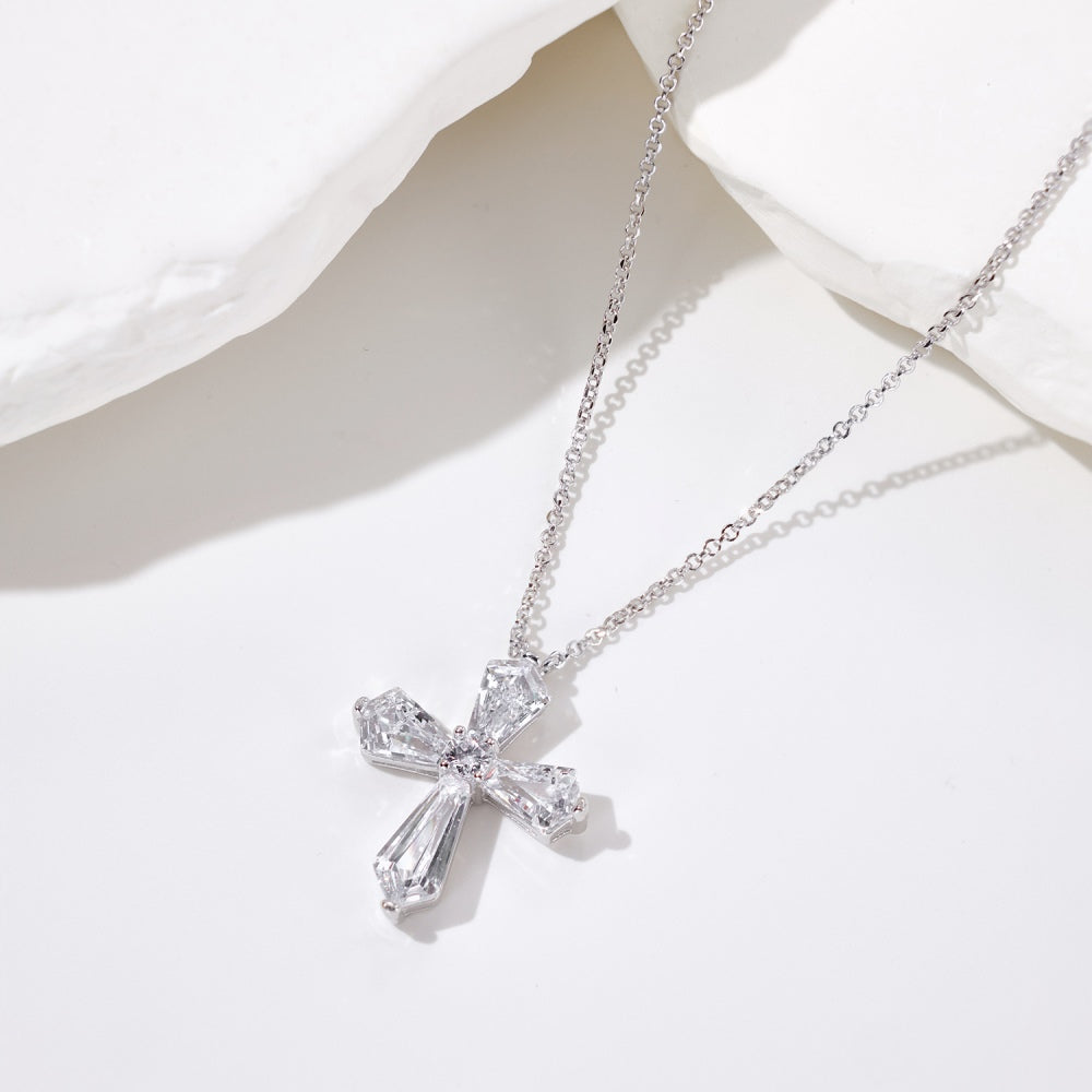 Women's Cross Pendant Necklace, Spliced Pentagon Clear Zirconia, S925 with White Gold Plating