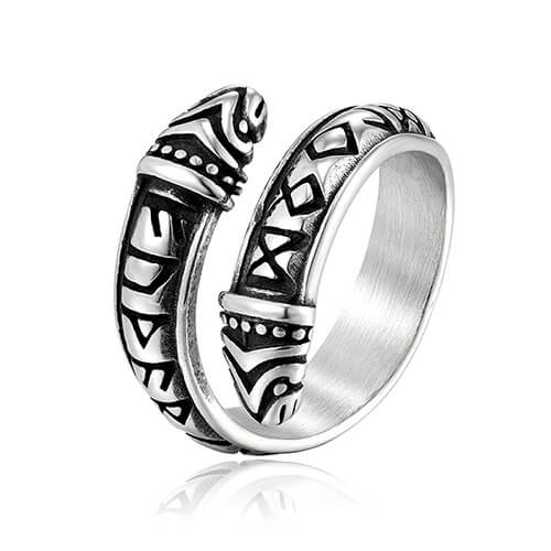 Vintage Stainless Steel Narrow Band Viking Script Symbol Snake Ring for Men