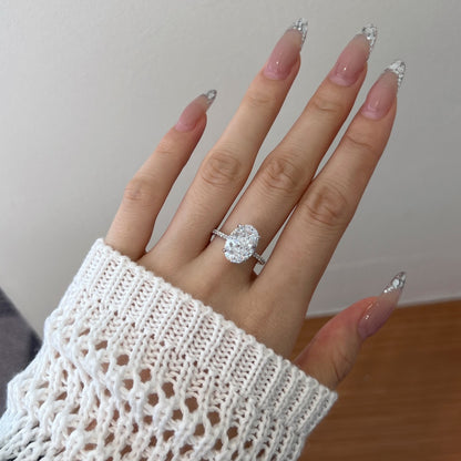 Women's Oval Egg Shape Claw Set Solitaire Zirconia Ring with Accent Side Stones, S925 with White Gold Plating