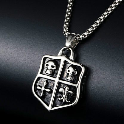 Men's Steel Shield Skull Pendant Necklace