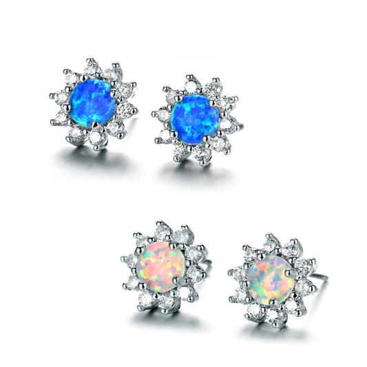 Women's Sunflower‑Shape Stud Earrings, Blue Opal / White Opal Center Stone Surrounded With Zirconia