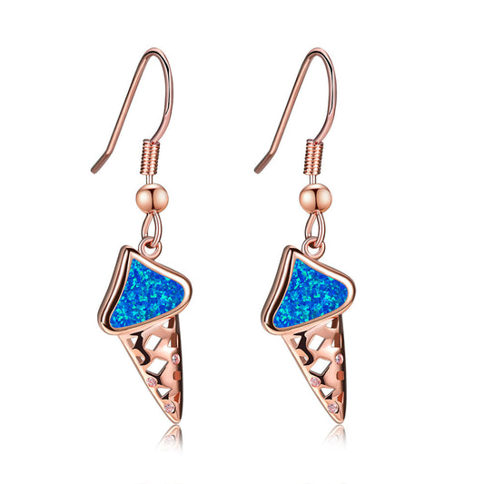 Women's Ice‑Cream Shape Hook Dangle Earrings, Blue Opal / White Opal Inlay, Hollow Design