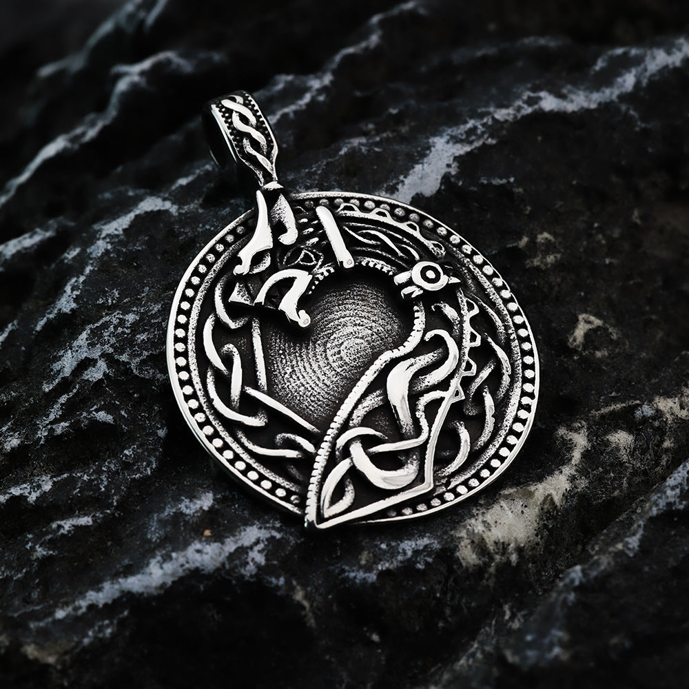 Men's Steel Celtic Dragon Round Pendant Necklace