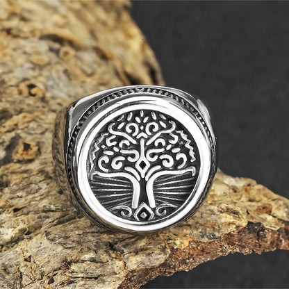Vintage Solid Stainless Steel Round Tree of Life Signet Ring for Men