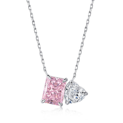Women's Dual‑Main‑Stone Pendant Necklace, Heart Shape Zirconia & Pink Sapphire Inlay, S925 with White Gold Plating