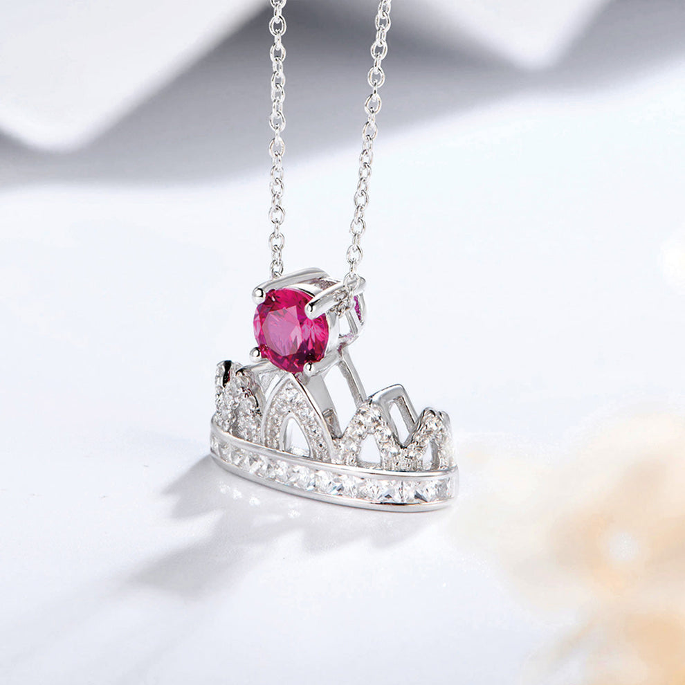 Women's Sterling Silver Necklace with Ruby Round Stones Full Diamonds Crown Pendants