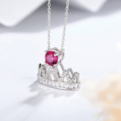 Women's Sterling Silver Necklace with Ruby Round Stones Full Diamonds Crown Pendants