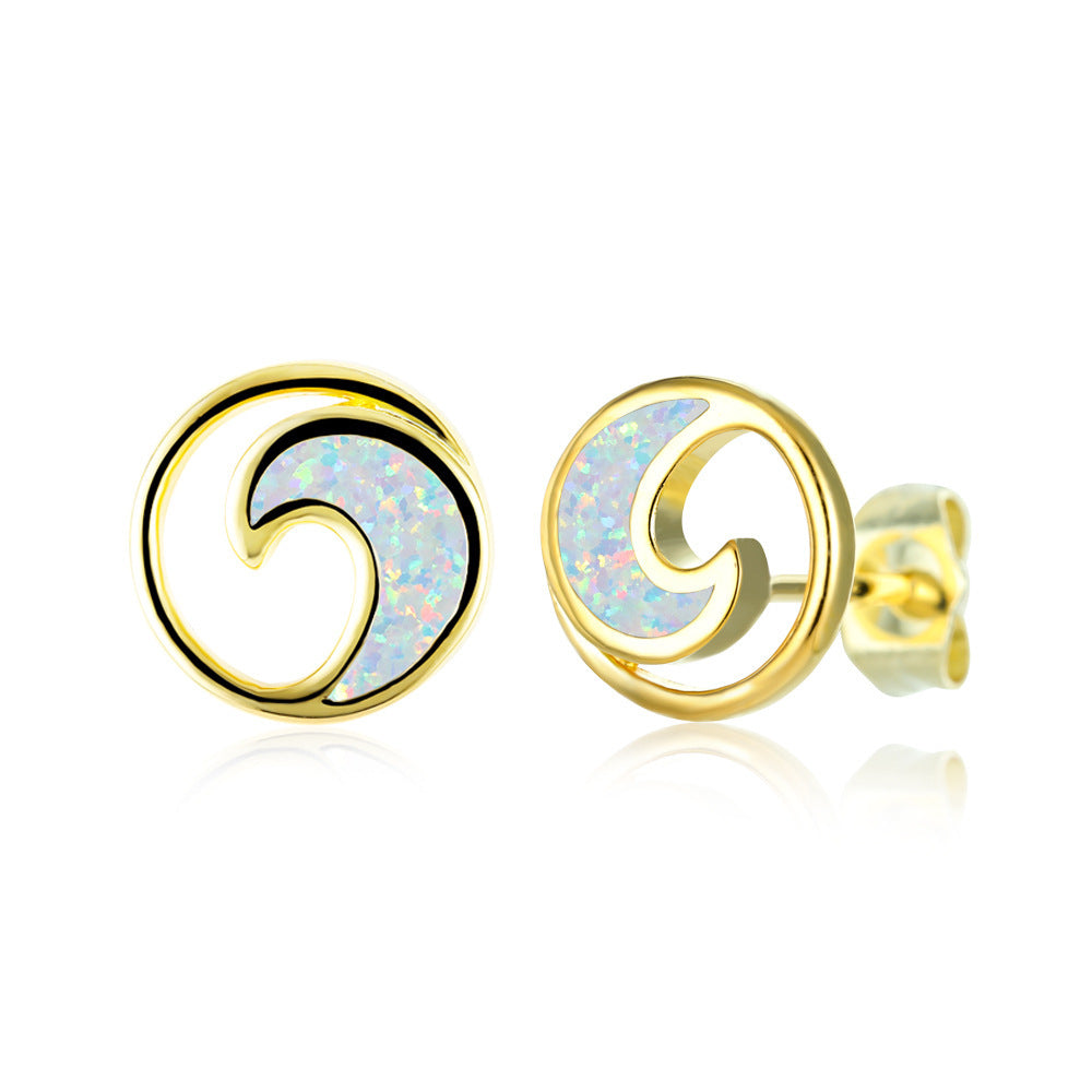 Women's Round Ocean Wave Opal Stud Earrings, Inlaid with Blue Opal & White Opal, with White Gold Plating / Gold Plating