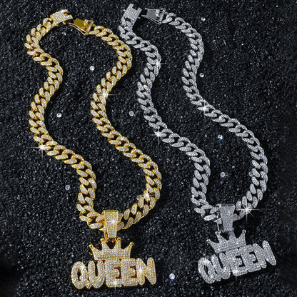 Hip-Hop Style Crown Letter Queen Cuban Chain Pendant Necklace