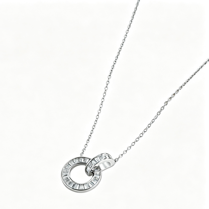 Women's Interlocking Rings Pendant Necklace, Baguette Zirconia Paved Inlay, S925 with White Gold Plating