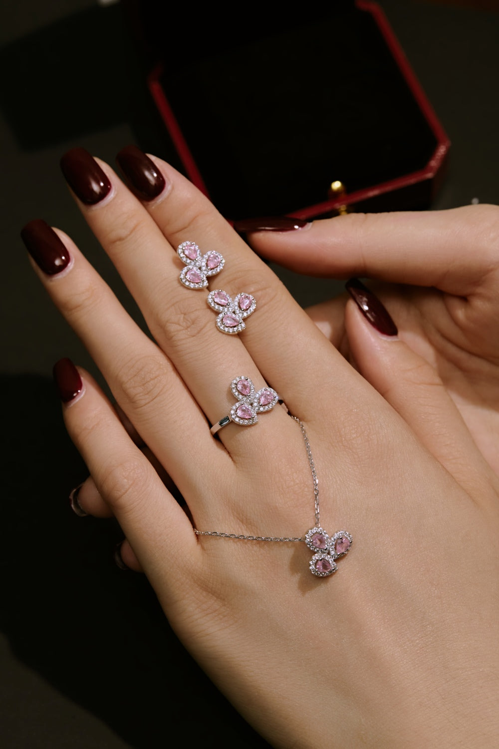 Women's Three‑Petal Flower Stud Earrings, Pear‑Shape Pink Sapphire with Zirconia Halo, S925 with White Gold Plating