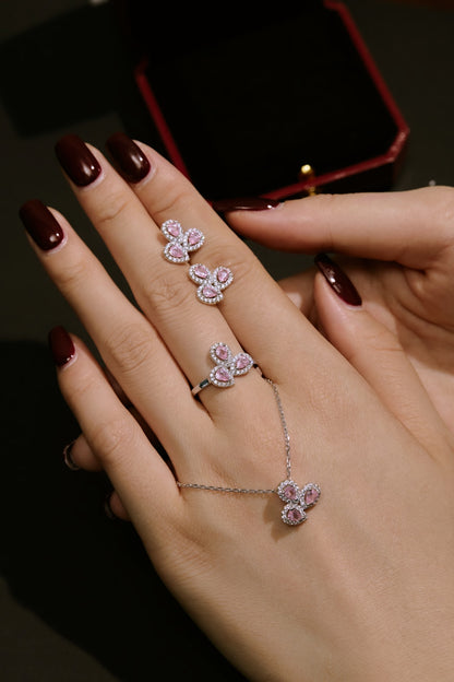 Women's Three‑Petal Flower Stud Earrings, Pear‑Shape Pink Sapphire with Zirconia Halo, S925 with White Gold Plating