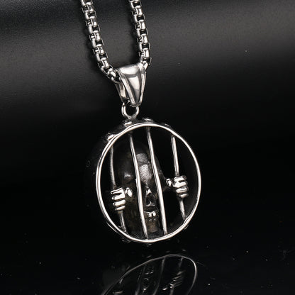 Men's Steel Prison Skull Round Pendant Necklace, Punk Street Jewelry