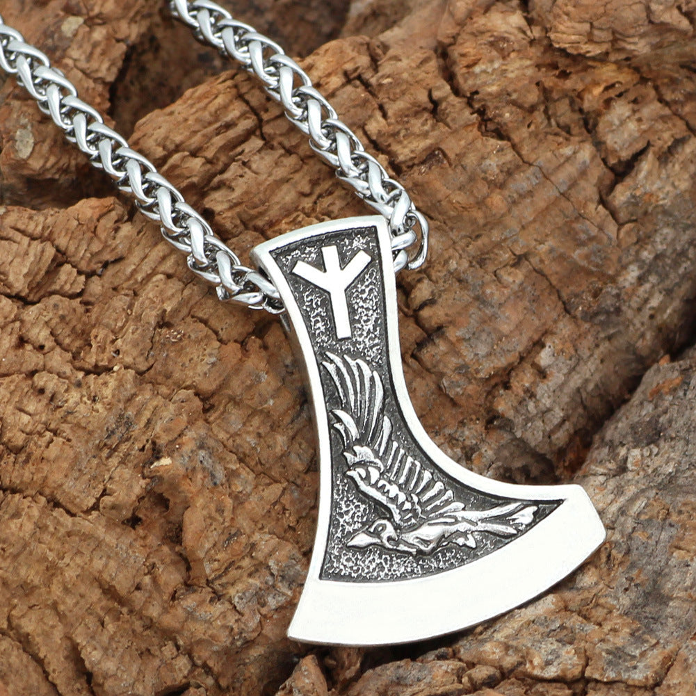 Men's Steel Viking Axe Wolf Rune Pendant Necklace Nordic Retro Jewelry