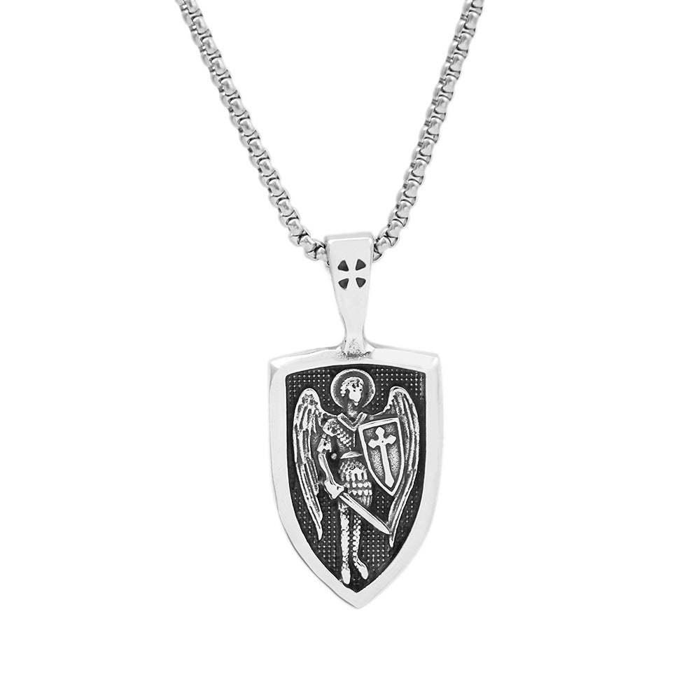 Men's Steel Archangel Shield Double Sided Pendant Necklace